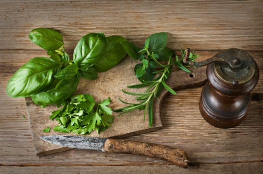 Fresh raw herbs on wooden background close up