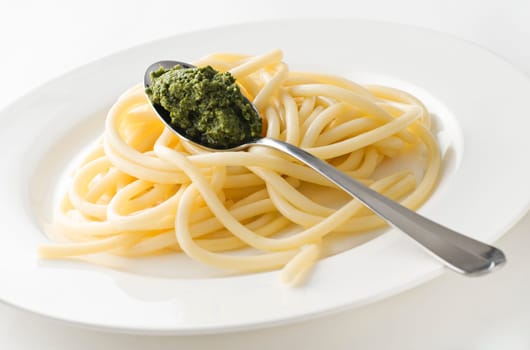 Fresh spaghetti pasta with basil pesto close up