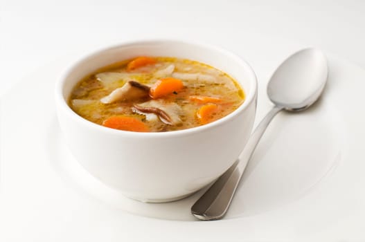 Fresh mushroom soup with vegetables close up