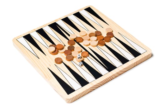 Backgammon board game close up on white