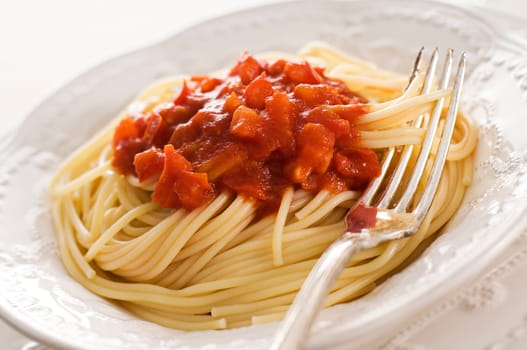 Spaghetti with tomato sauce close up shoot