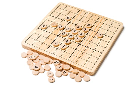 Sudoku board game close up on white