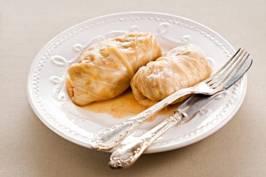 Fresh cabbage rolls on white plate close up