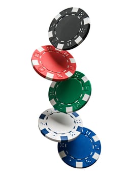 Gambling chips falling isolated on white