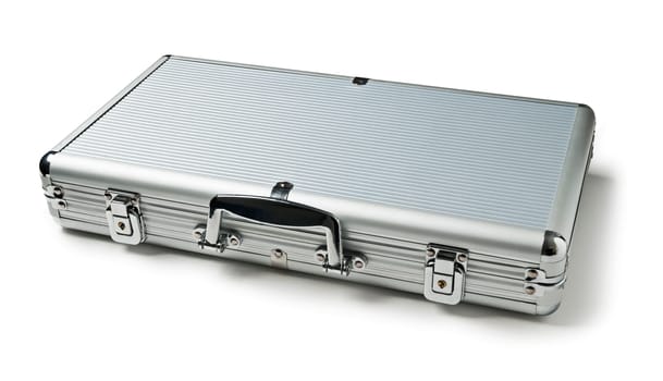 Silver metal briefcase isolated against a white background