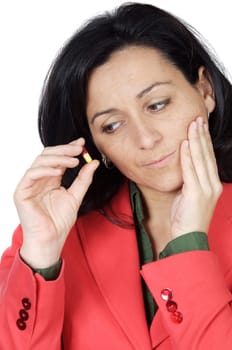 beautiful woman with a toothache over white background
