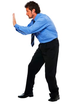 young business man pushing concept isolated on white