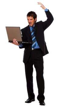 angry business man with laptop on white
