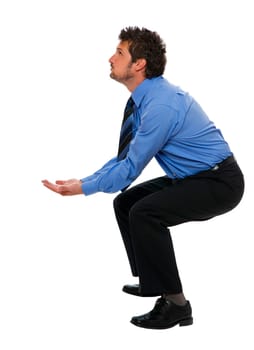 young business men lifting something isolated on white