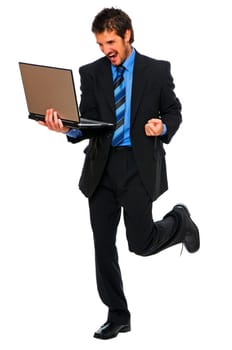 young happy business men with laptop on white