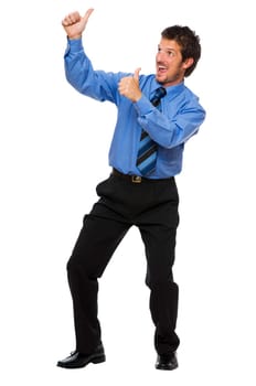 very happy business men with thumbs up on white