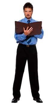 young business man with notes standing isolated on white