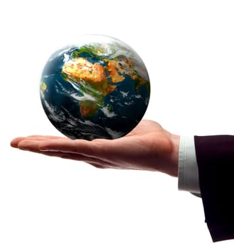 business men holding earth in his hend on white concept