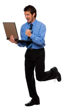 young happy business men with laptop on white