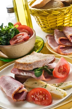 Fresh sandwich with ham and cheese close up