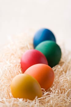 Colorful easter eggs on dry grass close up