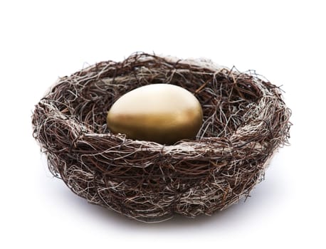 Single golden egg in nest isolated on white