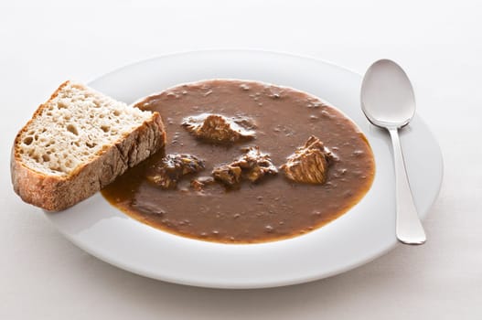 Beef goulash with bread close up shoot