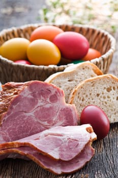 Fresh easter ham and eggs close up