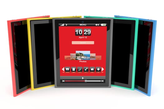 Multicolored tablet computers on white background