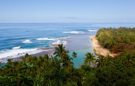 Horizontal image of Kee beach from Kalalau trail on Na Pali coast of Kauai