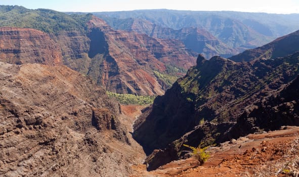 Early light illuminates the steep rock sides of Waimea Canyone on Kauai