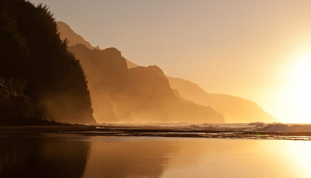 Na Pali coast by Ke&#039 e beach in Kauai at sunset