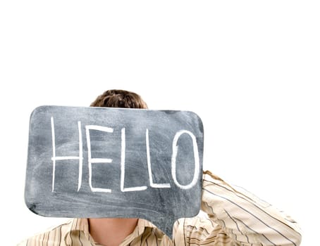 Man Holding Hello Sign on White Background.