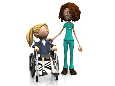 A cartoon nurse standing beside a young girl sitting in a wheelchair. The girl has a broken leg. White background.