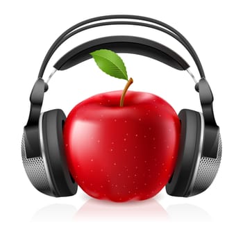 Realistic computer headset with red apple. Illustration on white background
