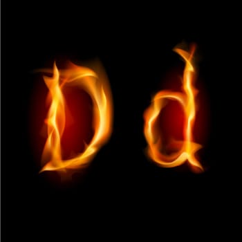 Raster version. Fiery font. Letter D. Illustration on black background