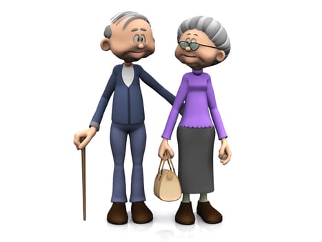 A sweet old cartoon man and woman smiling and looking at eachother. White background.