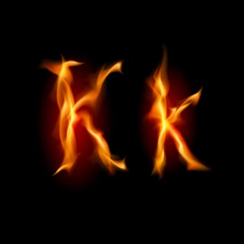 Fiery font. Letter K. Illustration on black background