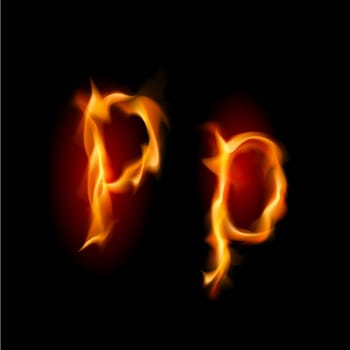 Raster version. Fiery font. Letter P. Illustration on black background