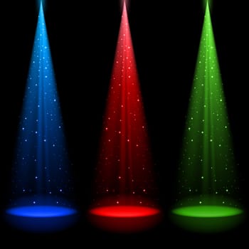 Three conical RGB shafts of light shines a spotlight into the black