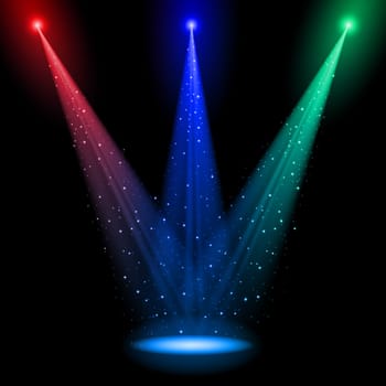 Three conical RGB shafts of light shine at one point into the black