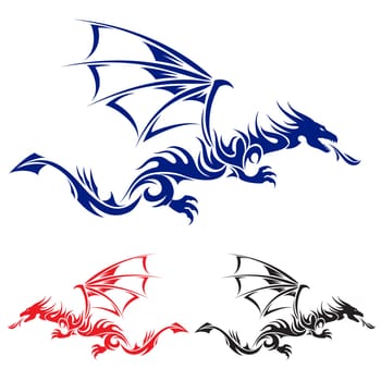 Flying Dragon. Blue, red and black Asian tattoo. Illustration on white background.