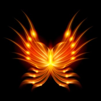 Flying butterfly with fiery wings. Abstract Illustration on black background