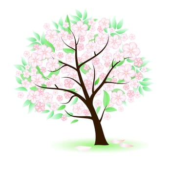 Stylized Tree with leafs and flowers. Illustration on white background for design