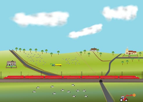 A High Speed Train travelling through farmland with old Church and  thatched cottages