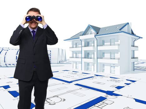 man with binoculars and 3d house background