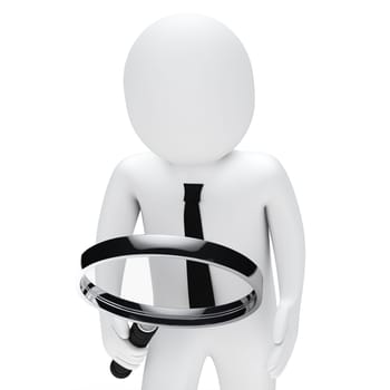 Businessman hold and look chrome magnifying glass