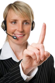 young blond woman with headset close up