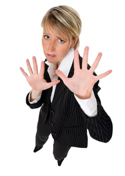 young afraid business woman looking up close up