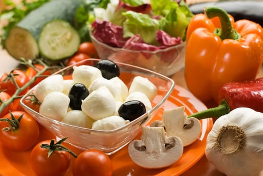 fresh mozzarella cheese in a bowl with vegetables close up