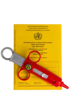 Vaccination certificate with toy syringe