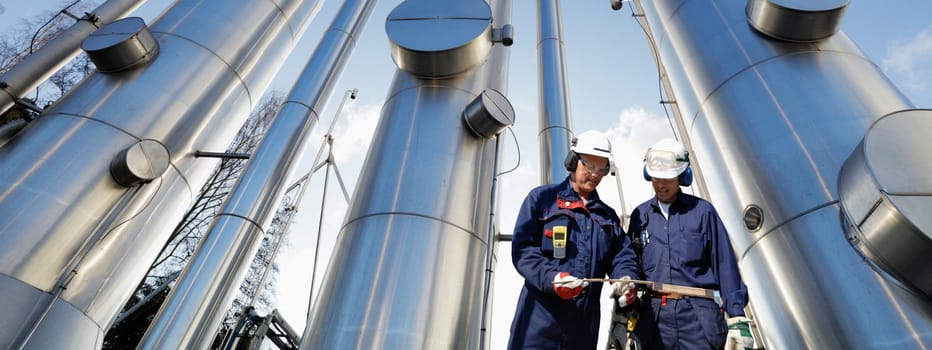 oil-workers, engineers with large pipelines, pipes, in background, panoramic view