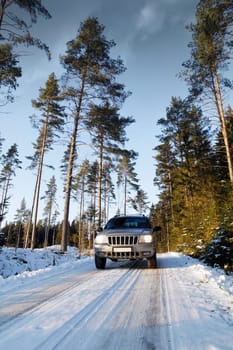 suv, car, driving on snowy road, winter in sweden