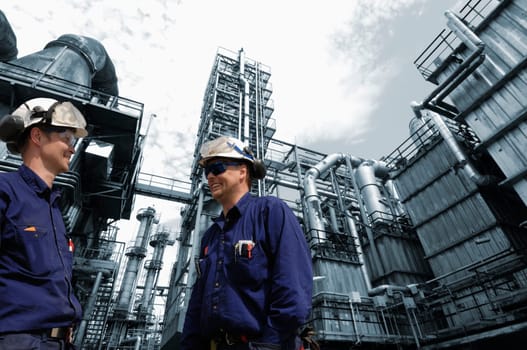 two oil and gas workers inside large chemical oil-refinery