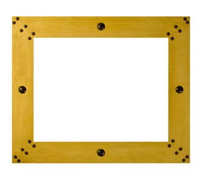 A wooden picture frame with metal studs